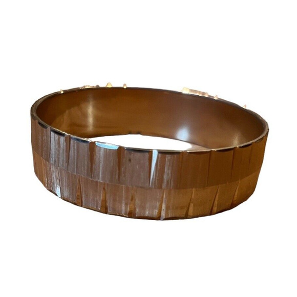 Vintage Monet Gold Tone Etched Thick Bangle Bracelet Large Texture 3/4" thick - Picture 2 of 4